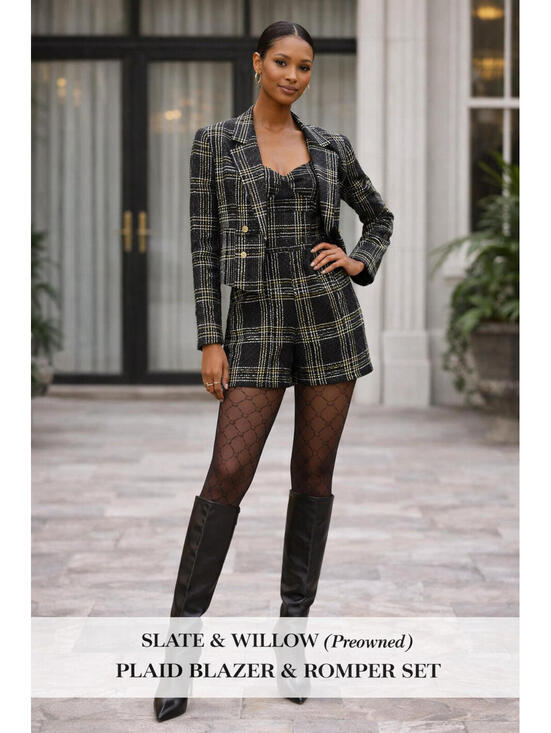 Jackets & Blazers - Slate & Willow Plaid Blazer & Romper Set Size S Black Gold Tweed 2 Piece Suit Ch